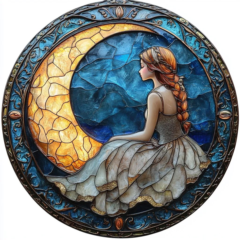 A circular stained-glass artwork depicts a young woman with long braided hair, seated on a crescent moon.  She wears a flowing, light-grey gown. The moon is rendered in warm yellows and oranges, contrasting with the cool blues and greens of the night sky background. An ornate, bronze-colored frame encircles the scene, adding to its elegance and artistic appeal.  The style suggests a dreamy, whimsical interpretation of a celestial scene.