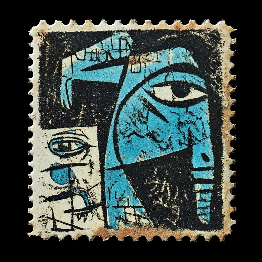 A postage stamp features an abstract cubist artwork. Dominating the stamp is a stylized blue figure, possibly a bird or a person, with a large eye and angular lines.  A smaller, less defined figure is visible to the left, also with a prominent eye. The overall style is reminiscent of early 20th-century modern art, with dark, textured background contrasting against the light beige and blue elements.  The stamp shows signs of age and wear around its edges.