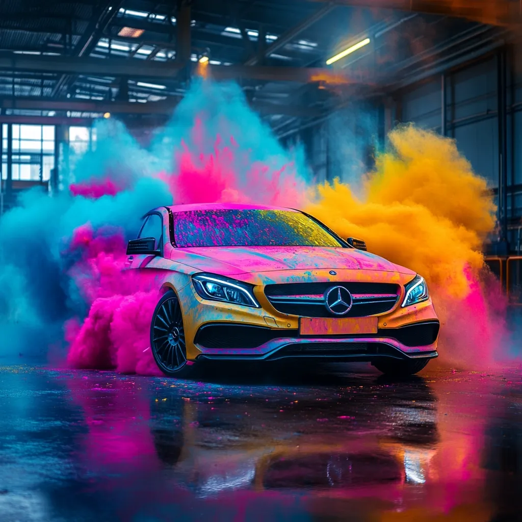 A yellow Mercedes-Benz AMG CLA 45 is engulfed in a vibrant explosion of pink, blue, and orange powder. The car is parked in an industrial setting, with the colorful smoke creating a dramatic and artistic effect. The wet ground reflects the scene, enhancing the overall visual impact.  The image is dynamic and eye-catching, showcasing both the car and the creative use of color.