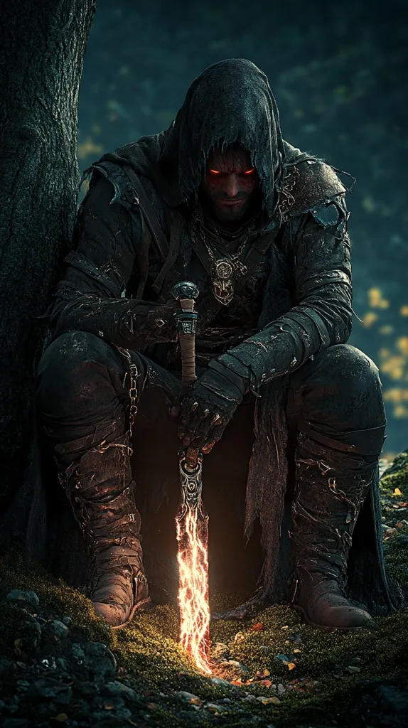 A dark, hooded figure, possibly a warrior or assassin, sits hunched beside a tree.  He wears worn, dark clothing and heavy boots.  His glowing red eyes are intense.  He holds a sword or dagger emitting fiery energy, resting it on the ground before him in a dimly lit, foreboding forest scene. The overall atmosphere is mysterious and ominous.