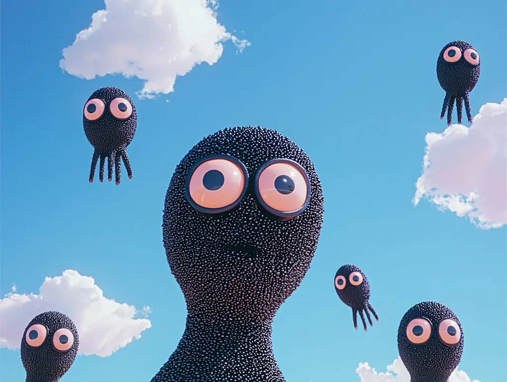 Against a bright blue sky dotted with fluffy white clouds, several large, whimsical creatures float.  These dark, pebble-textured beings possess oversized, pink eyes and multiple spindly limbs. One creature is significantly larger than the others, dominating the foreground, while the smaller ones are scattered across the sky, creating a playful, surreal scene.