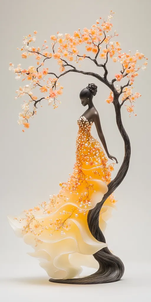 An exquisite sculpture depicts a dark-skinned woman in a flowing, pale yellow gown adorned with delicate peach blossoms and pearls.  The gown's fabric seems to ripple and flow like water, merging seamlessly with a dark, stylized tree trunk that supports the entire piece. The blossoms cascade down the dress and up into a blossoming tree above, creating a harmonious and elegant whole.  The overall effect is one of ethereal beauty and delicate artistry.