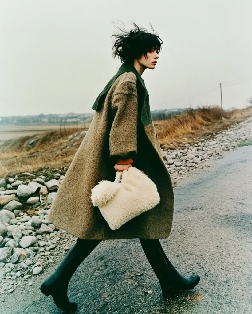 A woman with short, dark hair walks down a country road. She wears a long, brown, oversized coat with a dark green collar, black boots, and carries a fluffy, off-white handbag. The setting is rural, with rocks and sparse vegetation visible. The overall mood is one of quiet contemplation and understated style.  The image is styled with a fashion-forward aesthetic.