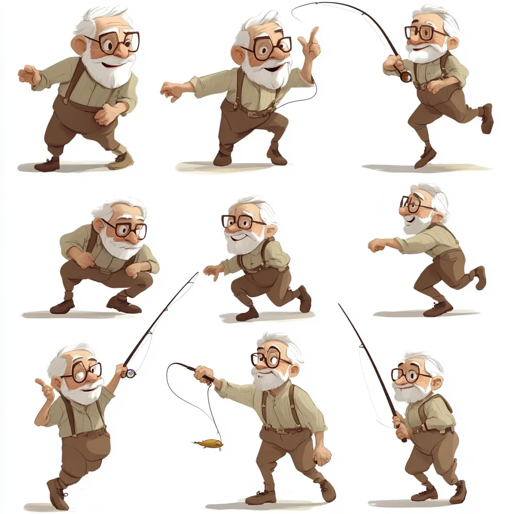 Nine illustrations depict a cheerful elderly gentleman with glasses and a white beard in various fishing-related poses.  He's shown casting a line, reeling in a fish, crouching, and playfully gesturing.  The cartoon style is lighthearted and whimsical, suggesting an active and joyful older person enjoying his hobby.  The man wears suspenders and brown trousers, consistent across all images.
