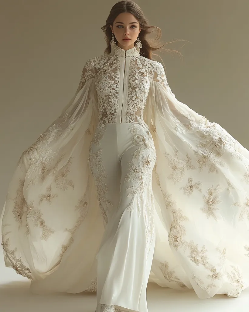 A model wears an exquisite ivory jumpsuit with a high neck and long, flared legs, adorned with delicate floral embroidery.  A sheer, embellished cape flows dramatically around her, creating a stunning bridal or formal look.  The intricate detailing and flowing fabric combine for a breathtaking effect. The overall aesthetic is elegant and romantic.