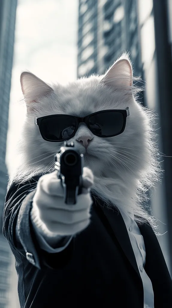 A fluffy white cat, wearing sunglasses and a black suit, aims a handgun directly at the viewer.  The cat's serious expression and the urban background create a dramatic and humorous juxtaposition. The image is in monochrome, emphasizing the cat's stark features and the seriousness of the pose.  The overall effect is a darkly comical, stylized portrait.