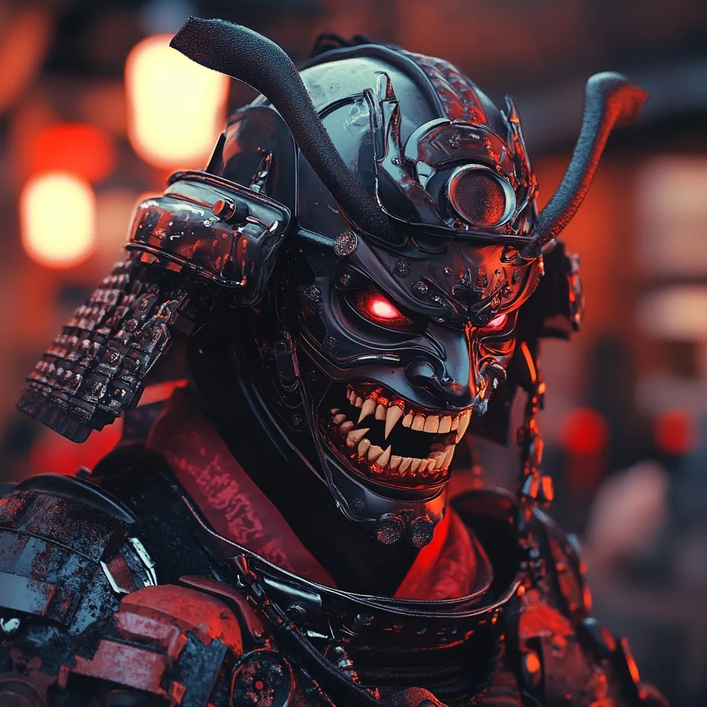 A close-up reveals a menacing samurai warrior, clad in futuristic, black armor with red accents. The ornate helmet features a demonic oni mask with glowing red eyes and sharp fangs. The intricate details of the armor suggest a blend of traditional Japanese design and advanced technology. The background is blurred, showcasing a warm, orange-toned cityscape. The overall image evokes a feeling of power and otherworldly menace.