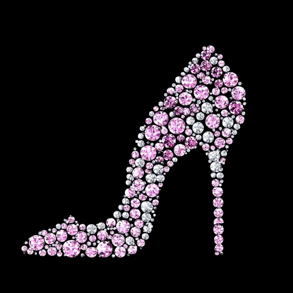 A high-heeled shoe is depicted, crafted entirely from sparkling pink and clear gemstones. The design is intricate, with the gems meticulously arranged to form the shape of the shoe.  The shoe is set against a stark black background, enhancing the brilliance of the jewels.  The overall impression is one of luxury and glamour.