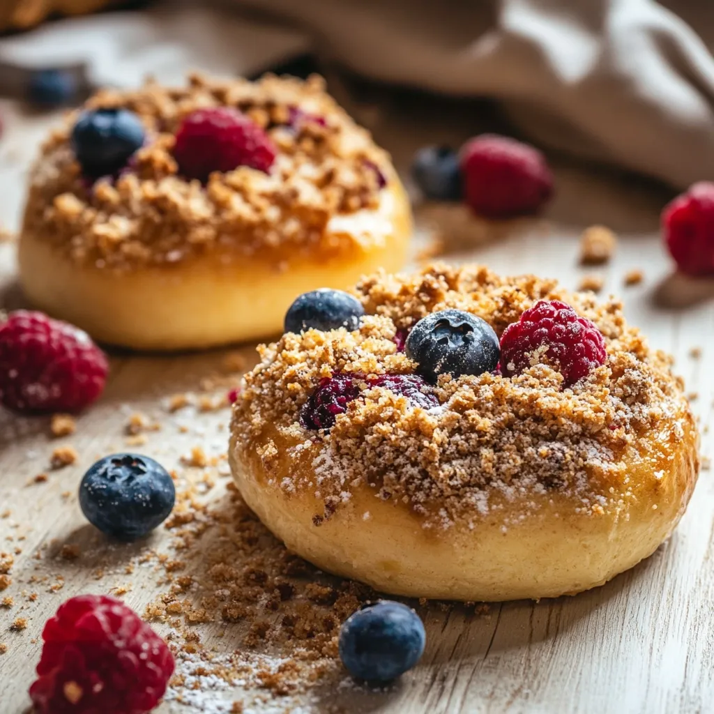 Two golden-brown pastries are topped with a crumble topping and fresh blueberries and raspberries.  The pastries are slightly dusted with powdered sugar and sit on a light wood surface with scattered berries and crumble.  The image has a warm, inviting, and slightly rustic feel.