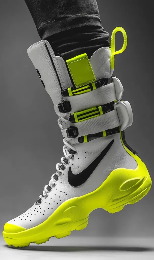 A close-up shot showcases a Nike high-top sneaker, predominantly white leather with striking neon yellow accents on the sole and straps.  The boot-like design features multiple buckles and a prominent Nike swoosh. The sneaker's texture appears smooth and the overall aesthetic is bold and futuristic.  The model's leg, clad in black, is partially visible.