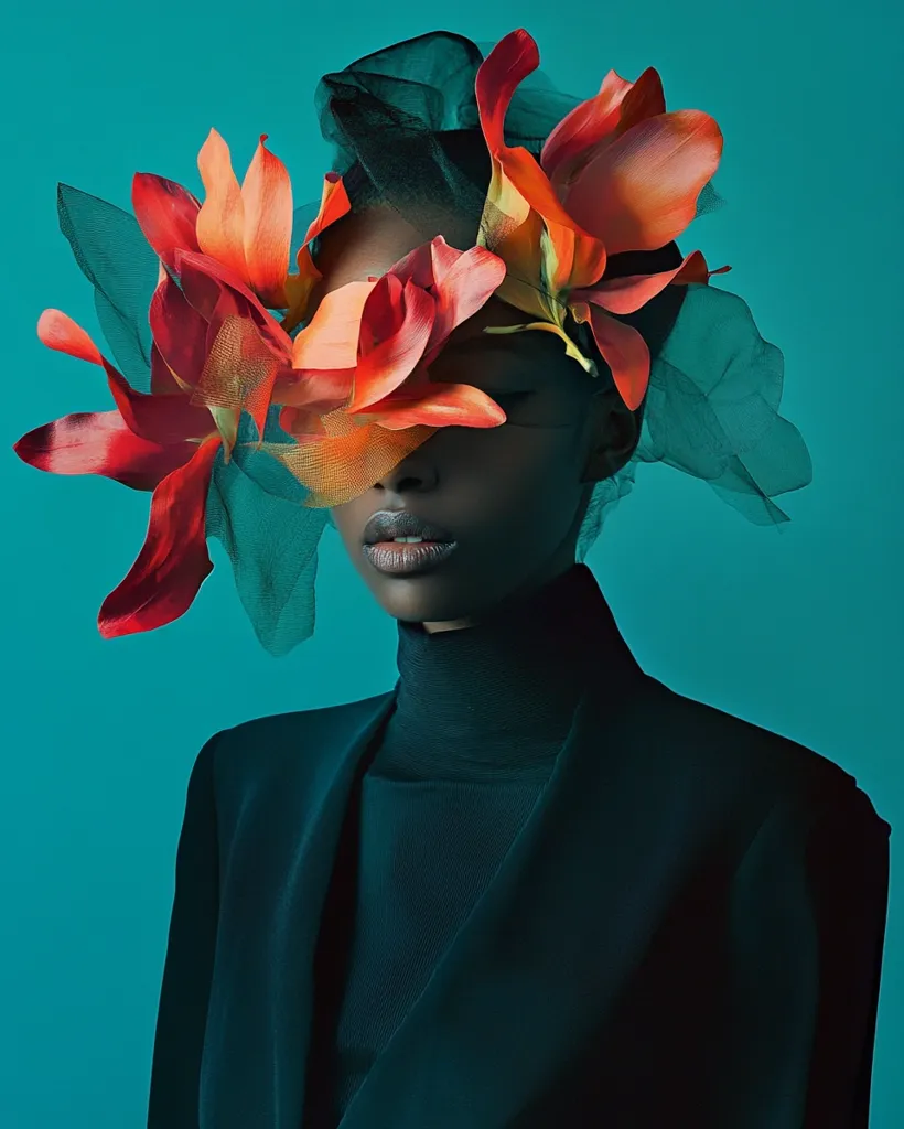 A woman's face is partially obscured by a dramatic headpiece of vibrant orange flowers and dark teal netting against a teal background.  She wears a dark teal turtleneck and blazer. The image is striking, with a strong contrast between the bright flowers and the deep colors of the clothing and background. The overall mood is one of elegant mystery.