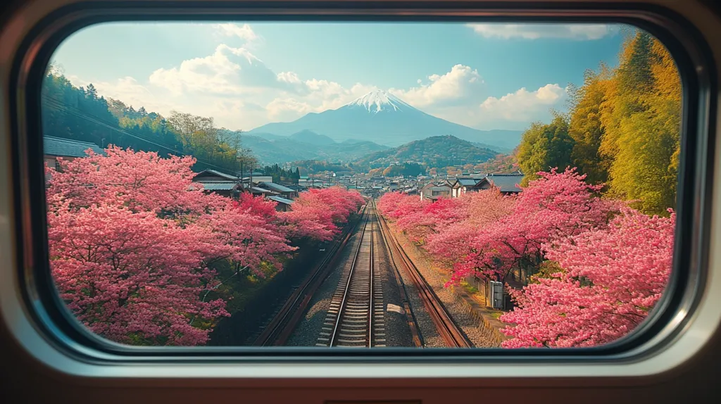A train window reveals a breathtaking view.  Rows of vibrant pink cherry blossoms line a railway track stretching towards a majestic snow-capped Mount Fuji in the distance.  The scene is idyllic, with a small town nestled amongst the blossoming trees and lush green hills. The sky is a clear, bright blue, enhancing the beauty of this picturesque Japanese landscape.