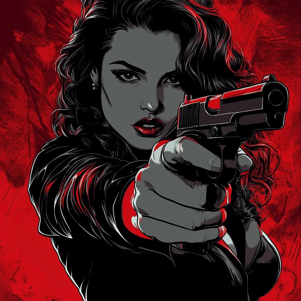A stylized illustration depicts a woman with dark, wavy hair, aiming a handgun directly at the viewer.  She's dressed in a dark leather jacket, her expression serious and determined. The color palette is predominantly red and black, creating a dramatic and intense mood.  The style is reminiscent of comic book art or graphic novel illustration.