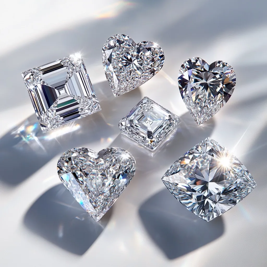 Six sparkling diamonds of various cuts are artfully arranged on a bright, reflective surface.  Two heart-shaped diamonds, a princess cut, a radiant cut, and two cushion-cut diamonds catch the light, showcasing their brilliant facets and exceptional clarity.  The scene is elegantly lit, emphasizing the gemstones' luxurious appeal.