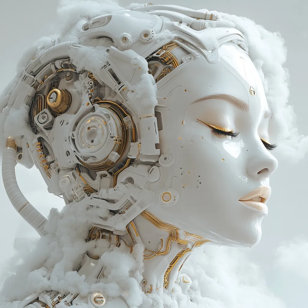 A digital artwork depicts a serene female cyborg's head and neck.  Her porcelain-like skin contrasts with the intricate, white and gold mechanical elements seamlessly integrated into her skull and neck.  The robot is partially obscured by a soft, cloud-like mist, giving a dreamlike quality.  The image showcases a blend of organic and mechanical aesthetics, suggesting a futuristic and ethereal being.