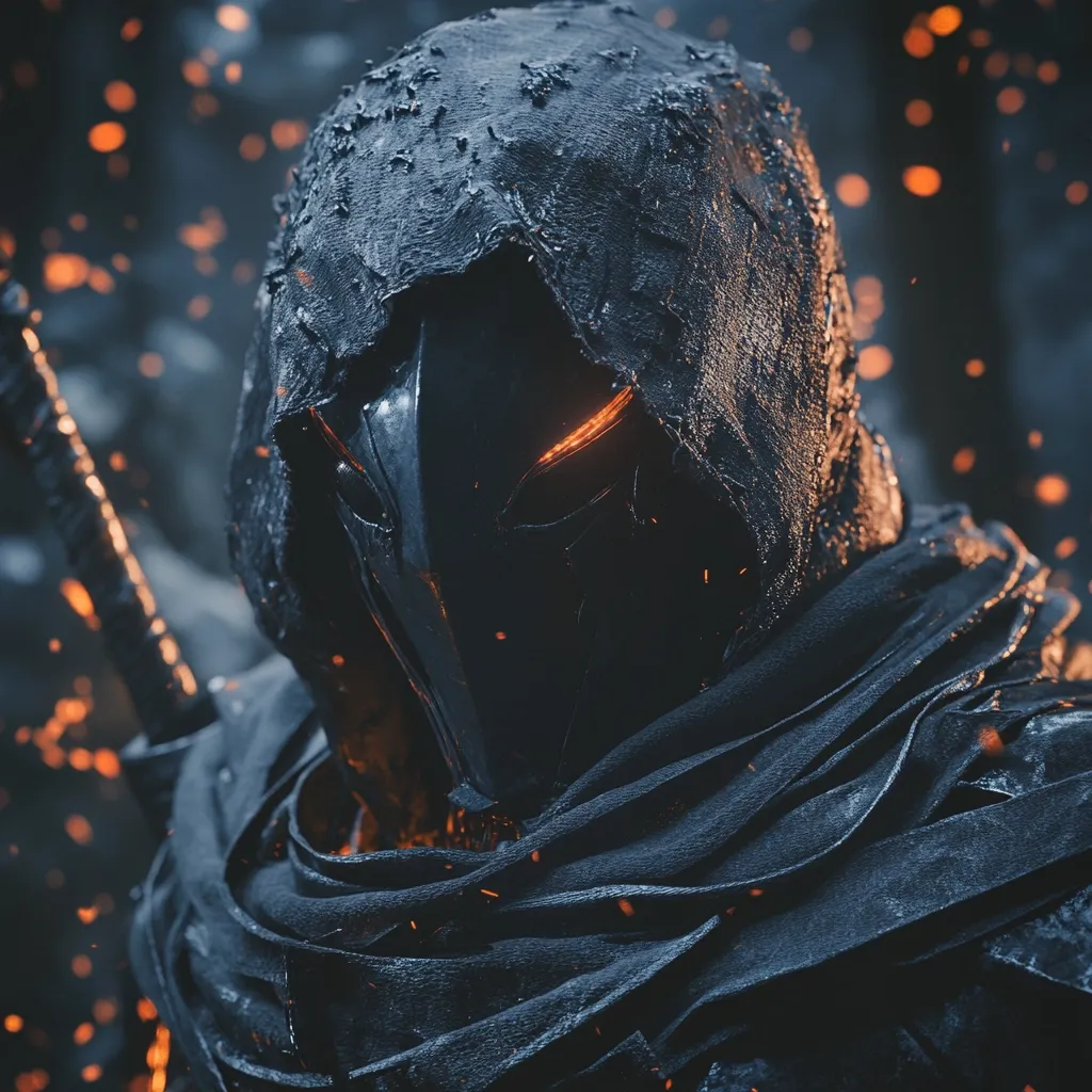 A cloaked figure, possibly a warrior or knight, is depicted in striking detail.  The dark, textured armor and hood obscure most of their face, only revealing glowing orange eyes within a helmet-like mask.  Embers and sparks dance in the background, suggesting a fiery or battle-torn environment. The overall mood is dark, mysterious, and powerful.  A sword is partially visible at the left.