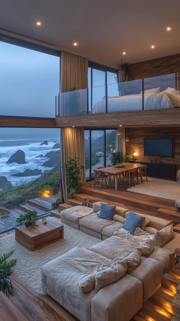 A modern, open-plan home boasts breathtaking ocean views through expansive glass windows.  The interior features a spacious living area with a large, low-slung beige sectional sofa, a wooden coffee table, and a dining area.  Upstairs, a loft bedroom is visible, adding to the home's airy and luxurious feel.  The design seamlessly blends natural wood elements with contemporary furnishings, creating a tranquil and stylish atmosphere.
