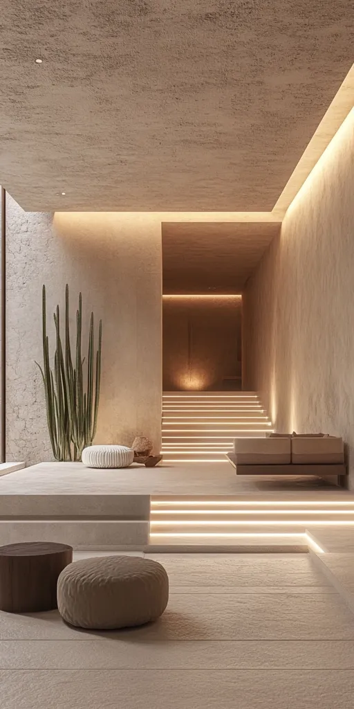 A minimalist interior design featuring a neutral color palette of beige and brown.  Subtle lighting highlights the textured walls and a floating staircase leading to an upper level.  The space includes low seating, a tall cactus plant, and a calm, serene atmosphere.  The overall design evokes a sense of tranquility and modern sophistication.