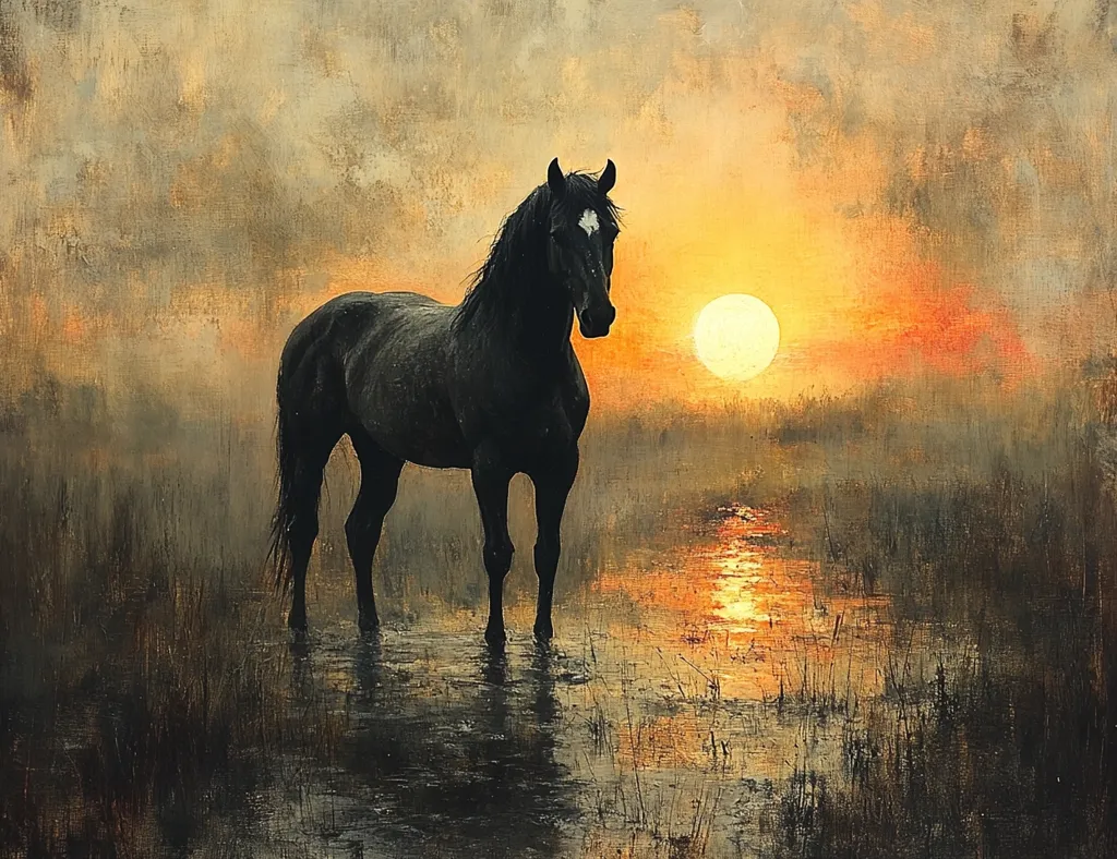 A majestic black horse stands in shallow water at sunset.  The warm hues of the setting sun reflect on the calm water, creating a serene and atmospheric scene. The horse, silhouetted against the vibrant sky, appears calm and solitary. The overall mood is one of peaceful contemplation and the beauty of nature.  The painting employs a textured style, enhancing its artistic quality.