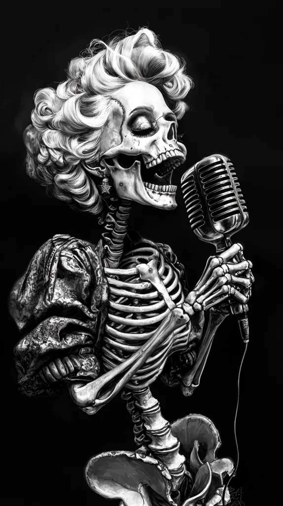 A monochrome illustration depicts a skeletal figure, styled like a 1950s female singer, passionately singing into a vintage microphone.  The skull has styled hair and wears a dark, ornate dress. The detailed bones and the microphone create a striking contrast, resulting in a dramatic and evocative image blending life and death, glamour and macabre.