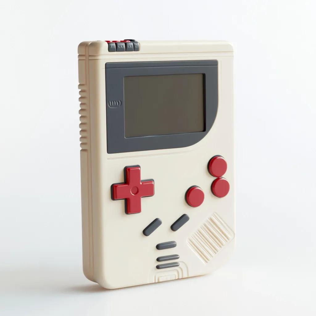 A cream-colored handheld gaming console with a dark gray screen and red directional buttons sits on a white background.  It features a classic design reminiscent of early portable game systems.  The console is upright, showcasing its buttons and screen clearly.  The overall aesthetic is minimalist and retro.