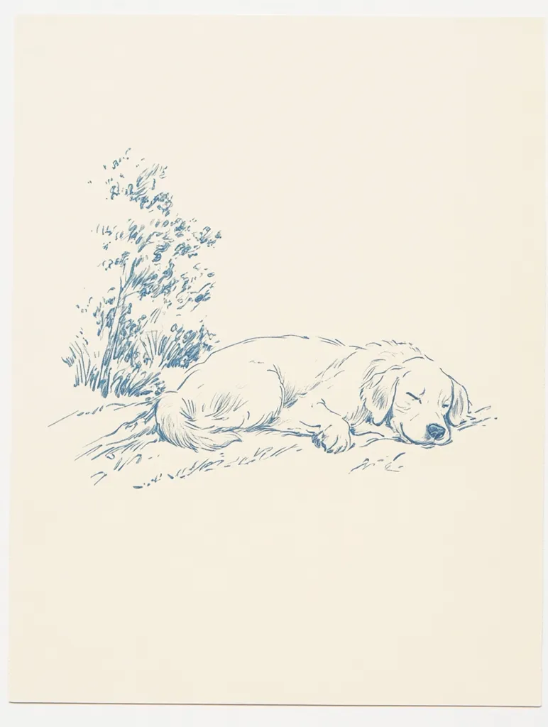 A delicate blue-toned line drawing depicts a golden retriever peacefully asleep on the ground. The dog lies curled slightly, its head resting gently.  A small tree and grass are sketched in the background, suggesting a tranquil outdoor setting. The style is simple and evocative, focusing on the serene image of the resting animal.