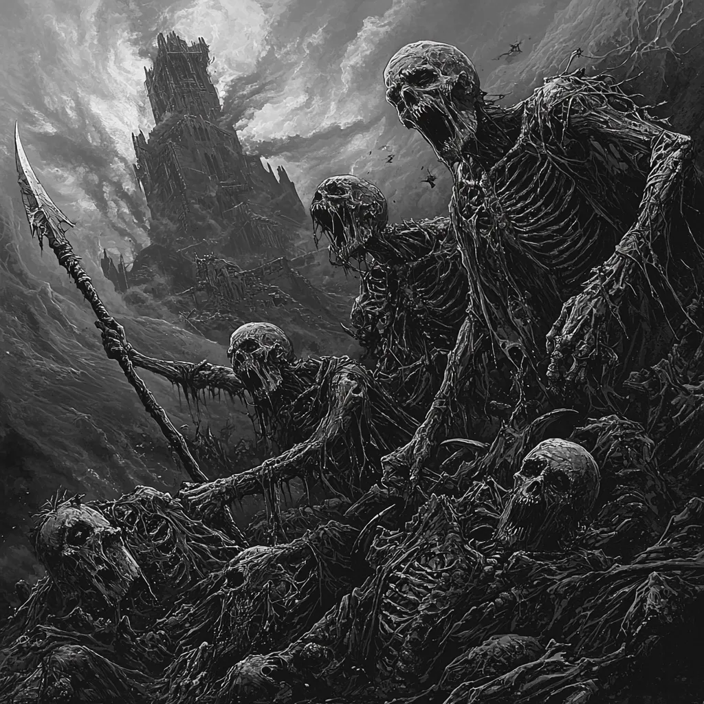 A grayscale illustration depicts a grim scene of decaying skeletal figures amidst a desolate landscape.  Three prominent, grotesquely emaciated skeletons dominate the foreground, one wielding a long spear. They stand amidst a pile of skulls and decaying corpses, overlooking a dark, foreboding castle in the background under a stormy sky. The overall mood is one of death, decay, and apocalyptic destruction.