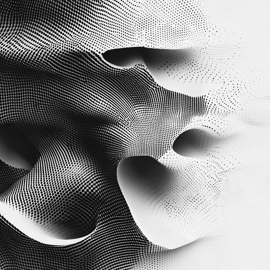 The image showcases an abstract, three-dimensional form composed of densely packed black dots.  These dots create a flowing, undulating surface with deep, cavernous recesses. The density of the dots varies, creating a gradient effect, with darker areas suggesting depth and shadow.  The overall impression is one of dynamic movement and organic, yet technological, form.  The background transitions to a lighter, almost white, area, enhancing the contrast and highlighting the sculptural qualities of the dotted surface.