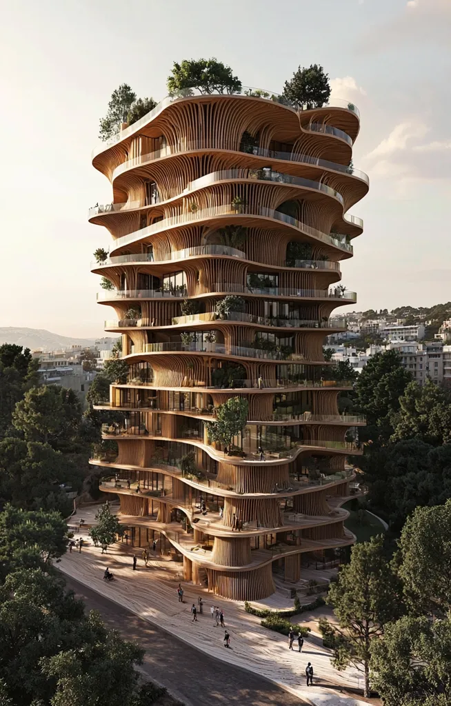 A striking architectural rendering showcases a multi-story wooden building, its design mimicking the curves of a tree trunk.  Numerous balconies and terraces wrap around each level, interspersed with lush greenery.  The structure is situated amidst trees, creating a seamless blend of nature and modern design.  People are depicted strolling on a pathway below, emphasizing the building's integration into its surroundings. The overall aesthetic is one of organic, sustainable, and luxurious living.