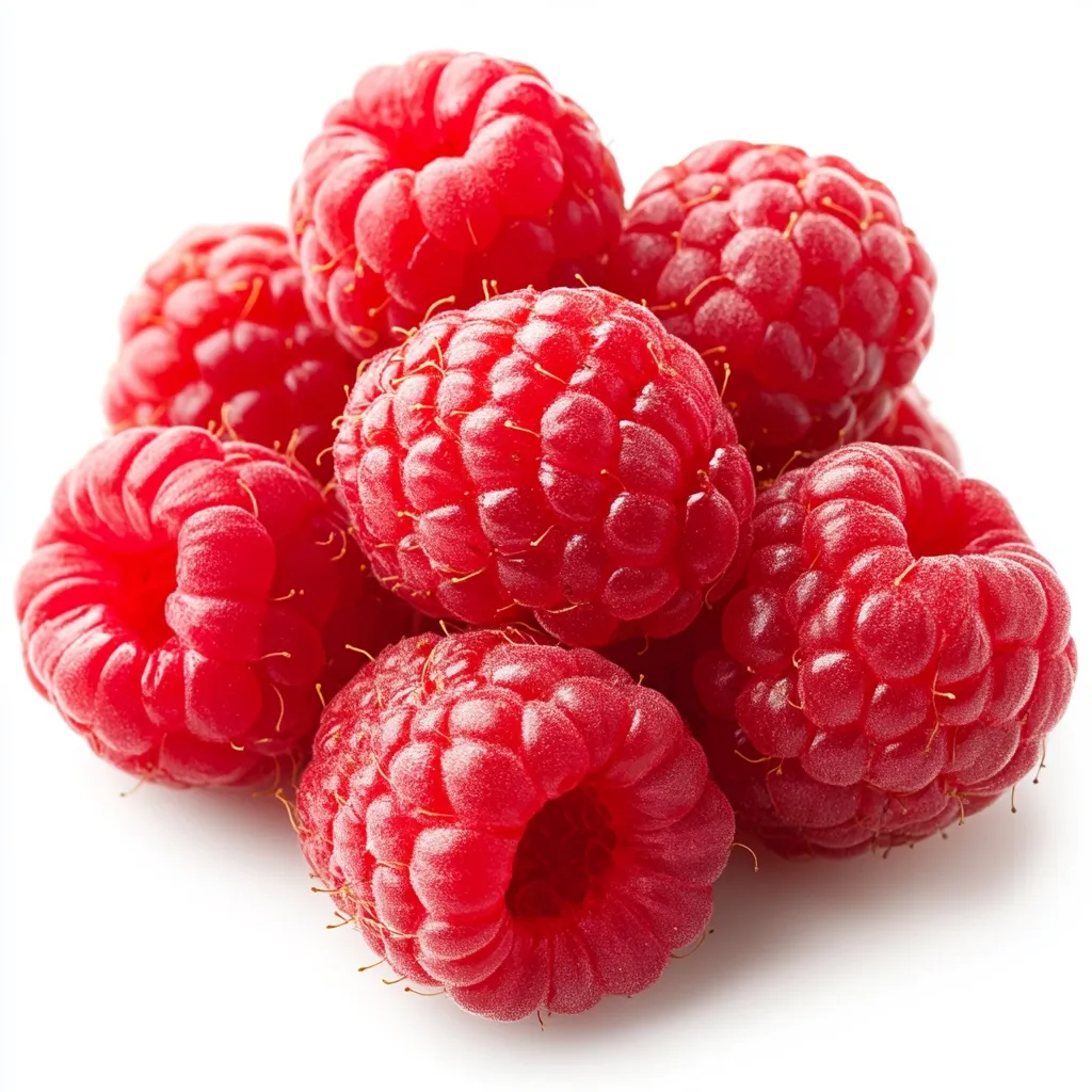 A cluster of ripe raspberries sits against a bright white background.  The raspberries are vibrant red, plump, and appear juicy. Their textured surfaces show individual drupelets. The pile is loosely arranged, showcasing the individual berries and their rich color.