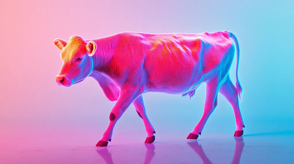 A stylized 3D rendering of a cow is shown walking against a vibrant pink and blue gradient background.  The cow's form is highlighted with neon-like pink and blue coloring, giving it a surreal, almost ethereal quality. Its fur is depicted with a textured, almost wireframe-like appearance, emphasizing its form.  The scene is minimalist, focusing attention entirely on the vibrant animal.