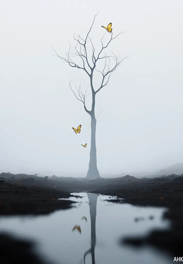 A lone, bare tree stands in a misty landscape, its reflection mirrored in a puddle.  Three delicate yellow butterflies flutter around the tree, creating a serene yet melancholic scene. The muted colors and fog contribute to a sense of quiet solitude and mystery.  The overall mood is peaceful and contemplative.