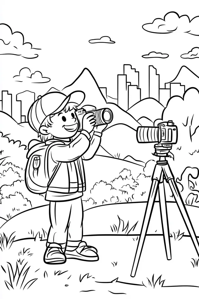 A young boy, wearing a backpack and cap, uses a camera to capture a scenic view.  A city skyline is visible in the distance behind rolling hills and lush greenery.  Another camera is set up on a tripod nearby, suggesting a professional or enthusiastic approach to photography. The scene is idyllic, perfect for a coloring page.