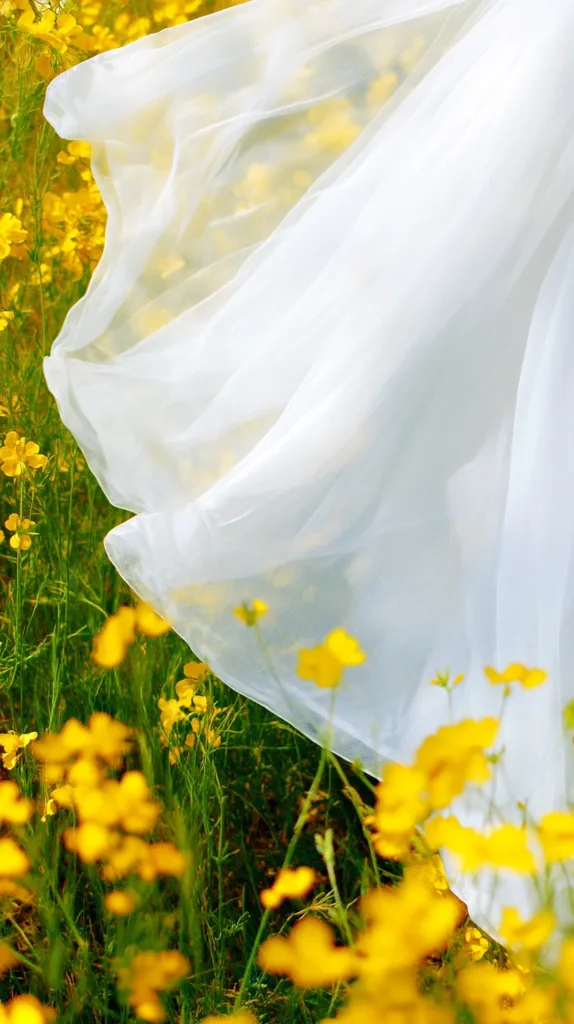 A sheer white fabric, possibly a dress or skirt, billows gently in the breeze.  It drapes over a field of vibrant yellow wildflowers, creating a soft, ethereal contrast between the flowing textile and the bright blooms. The scene is peaceful and evokes a sense of lightness and freedom. The focus is on the texture of the fabric and the bright colors of the flowers.