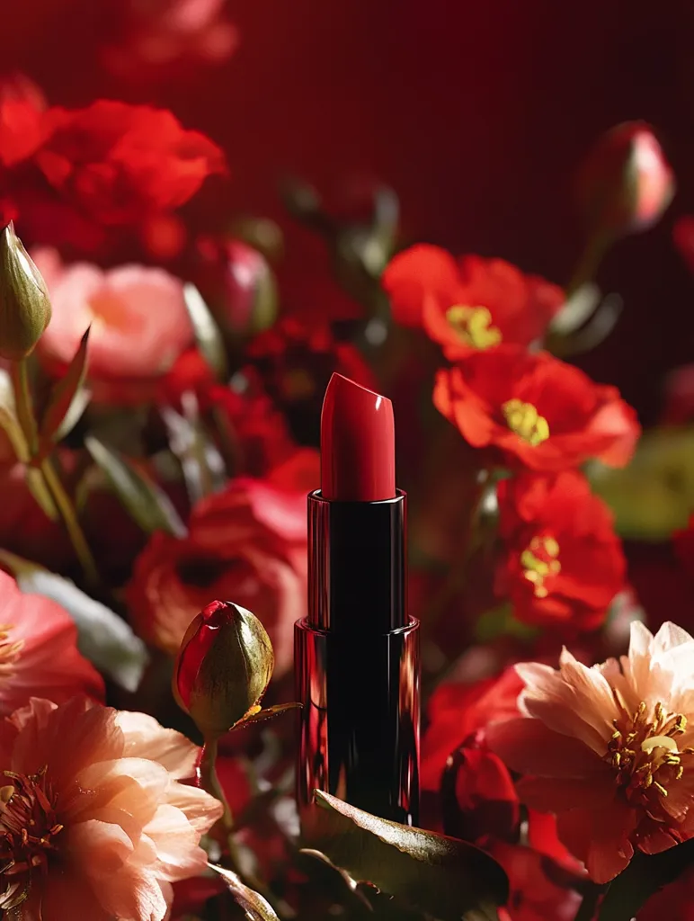 A tube of vibrant red lipstick stands nestled amongst a profusion of rich red and peach-toned flowers.  The dark, sleek lipstick case contrasts beautifully with the blossoms, creating a luxurious and visually striking image.  The overall mood is romantic and evocative of beauty and femininity.