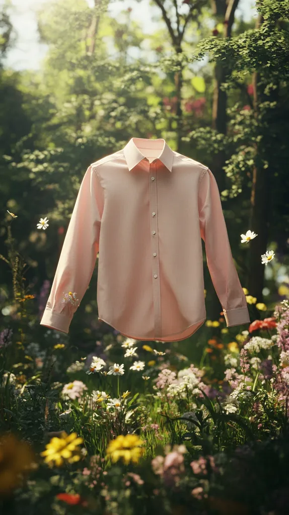 A pale pink, long-sleeved button-down shirt floats in a sun-dappled meadow.  Wildflowers in various shades of white, yellow, and purple surround the shirt, which appears to be suspended in mid-air.  The background is a softly blurred forest, creating a dreamy, ethereal atmosphere.  The overall image is serene and peaceful.