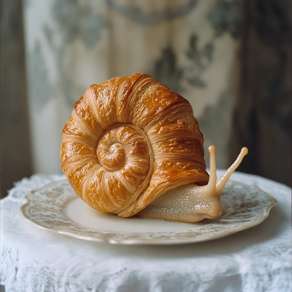 A snail with a croissant shell sits on an ornate plate.  The pastry is golden brown and flaky, perfectly mimicking the spiral shape of a snail's shell. The snail's body is pale and smooth, contrasting with the textured croissant. The scene is set against a softly blurred background, enhancing the focus on the unique creature.  The overall image is whimsical and artistic.