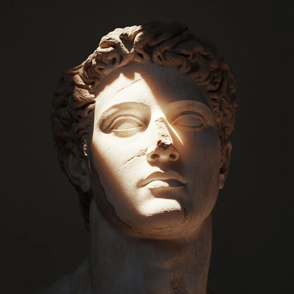 A close-up shot of an ancient marble bust, possibly depicting a Greek or Roman figure.  The sculpture's face is partially illuminated, creating dramatic shadows and highlighting the detailed carving of the hair and facial features.  The weathered stone shows signs of age and damage, adding to its historical significance.  The dark background emphasizes the sculpture's form and texture.