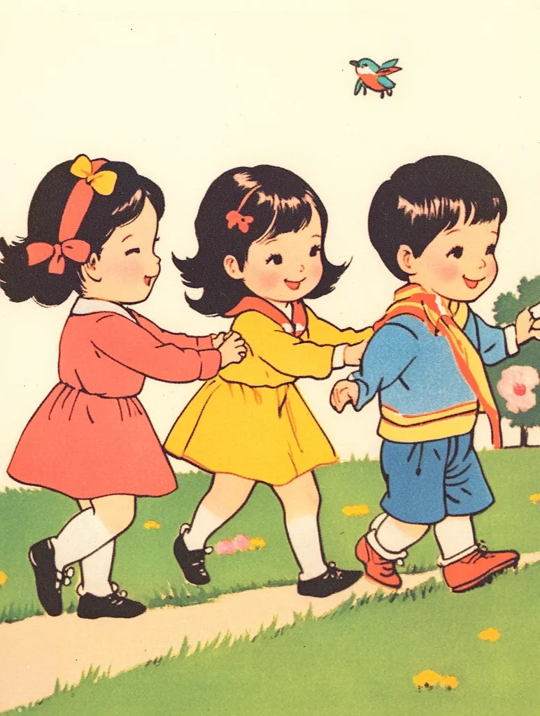 Three young children, two girls and a boy, stroll along a path.  The girl in the red dress holds hands with the girl in yellow, while the boy in blue walks beside them. They are smiling and appear to be enjoying a pleasant walk on a sunny day.  A small bird flies overhead.  The illustration is in a vintage style with simple lines and bright colors.