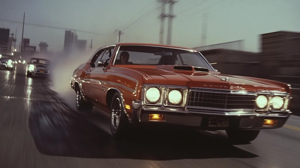 A vibrant burnt orange classic muscle car speeds down a rain-slicked city street, leaving a trail of tire smoke.  Other vehicles are visible in the distance, blurred by the motion. The car's headlights shine brightly, cutting through the atmospheric haze. The overall scene evokes a sense of speed and vintage American automotive culture.