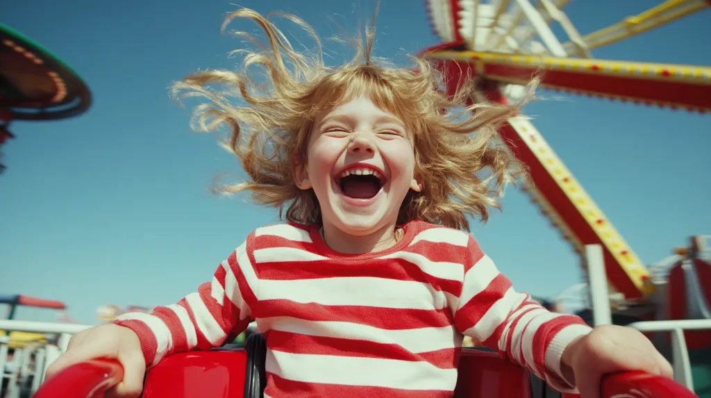 A young girl with blonde hair flying in the wind laughs joyfully while riding a red amusement park ride.  The bright sun shines on her red and white striped shirt.  A Ferris wheel is visible in the blurred background, adding to the festive atmosphere.  Her wide open mouth and bright eyes convey pure, unadulterated happiness.
