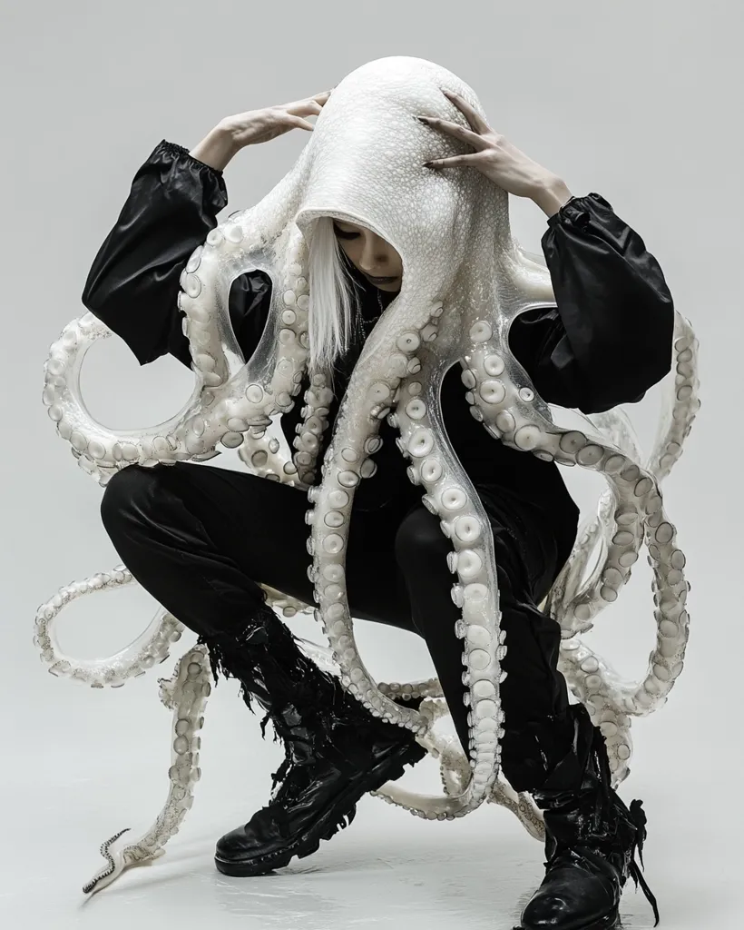 A person in black clothing is crouched down, their head and upper body enveloped by a large, translucent white octopus. The octopus's tentacles drape around the figure, creating a striking contrast between the dark attire and the light, almost ethereal creature. The image evokes a sense of surrealism and fantasy.  The model's long white hair peeks out from under the octopus.  They wear dark combat boots.