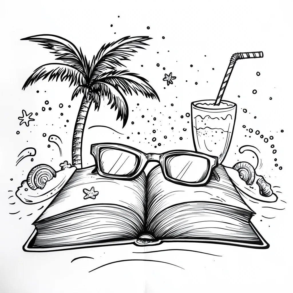 A black and white illustration depicts a relaxing beach scene. An open book rests on the sand, with sunglasses perched atop. A palm tree provides shade, and a refreshing drink with a straw sits nearby.  Seashells and swirling water add to the idyllic, summery ambiance. The style is whimsical and detailed, suggesting a peaceful moment of leisure and reading.