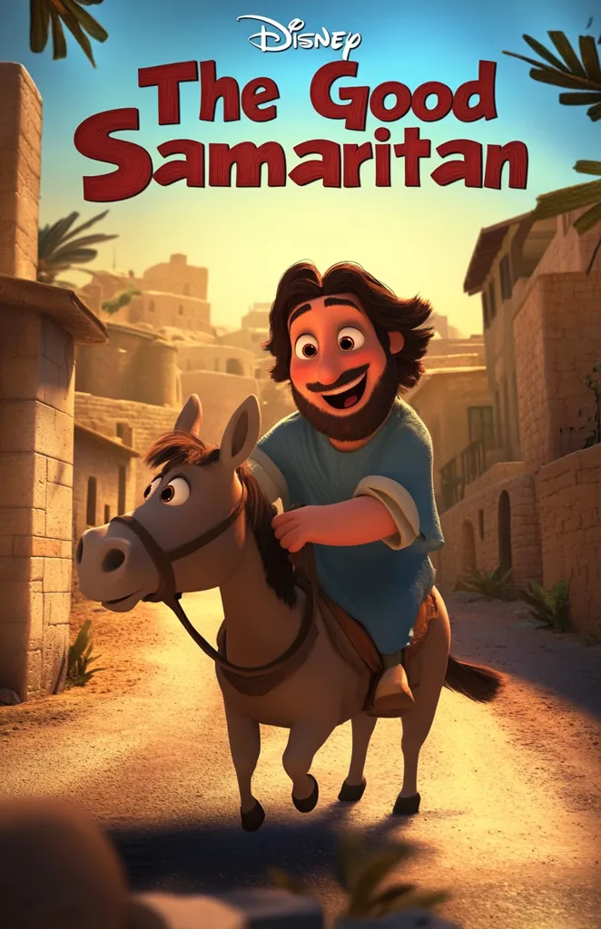 A poster for Disney's "The Good Samaritan" features a jovial animated Samaritan riding a donkey down a sunlit, ancient street.  The Samaritan is depicted with a broad smile, wearing a blue tunic.  The animation style is bright and cheerful, suggesting a family-friendly film based on the biblical parable.  The title is prominently displayed in a stylized font.
