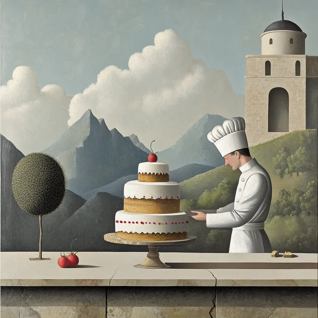 A chef in a white uniform stands before a three-tiered cake adorned with a cherry, set against a serene landscape.  Rolling hills and a distant stone tower form a picturesque backdrop.  A small topiary and tomatoes rest on a ledge beside the cake. The painting's style is precise and evocative, with muted tones and smooth surfaces. The scene conveys a sense of calm and meticulous craftsmanship.