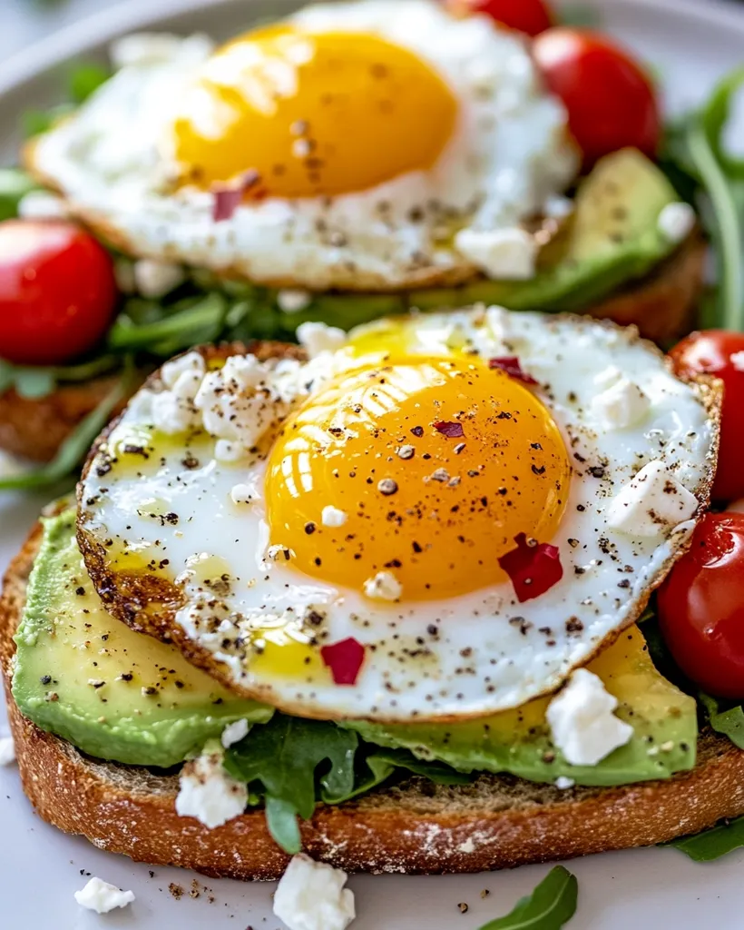 Two slices of toasted bread topped with mashed avocado, a fried egg, crumbled feta cheese, arugula, and cherry tomatoes.  The eggs have runny yolks and are seasoned with black pepper.  The vibrant colors and textures make this a visually appealing and appetizing breakfast or brunch option.