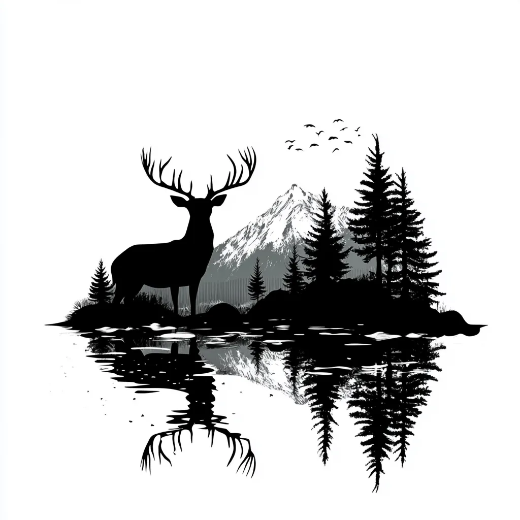 A majestic stag stands silhouetted against a serene mountain landscape.  Tall evergreen trees frame the scene, reflected perfectly in a still body of water below.  A snow-capped mountain peak rises in the background, while a flock of birds flies overhead. The image is a striking monochrome composition, emphasizing the deer as the central figure in this peaceful wilderness setting.