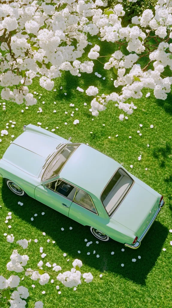A mint green vintage car sits on a vibrant green lawn, partially shaded by a blossoming white tree.  Petals scatter across the grass, creating a picturesque scene. The overhead shot emphasizes the car's classic design and the lush springtime setting.  Sunlight filters through the branches, illuminating the scene with a soft, ethereal glow.