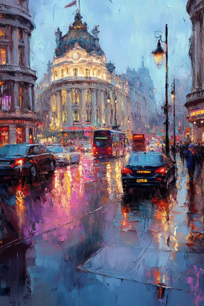A vibrant oil painting captures a rainy London evening.  The scene is bustling with traffic, including a red double-decker bus, and pedestrians navigating the wet streets.  A grand, illuminated building dominates the background, its architecture reflected in the glistening pavement.  The artist's impasto technique creates a textured, atmospheric effect, emphasizing the city's lively yet melancholic mood.  Warm streetlights contrast with the cool tones of the twilight sky.