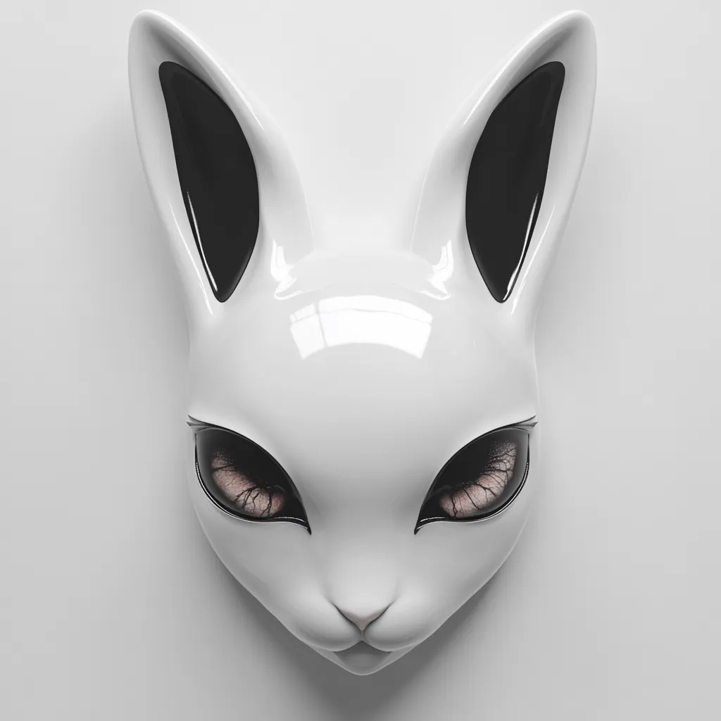 A close-up shot reveals a striking white rabbit mask against a stark white background.  The mask features long, pointed ears with black inner detailing and intensely dark eyes, creating a captivating contrast.  The smooth, glossy surface of the mask adds to its enigmatic and somewhat unsettling aura. The image is sharply focused, highlighting the mask's intricate details.
